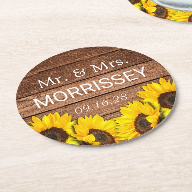 Rustic Wood Sunflower Mr and Mrs Wedding Favour Round Paper Coaster (Angled)
