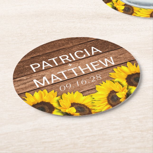 Rustic Wood Sunflower Personalized Wedding Favour Round Paper Coaster (Angled)