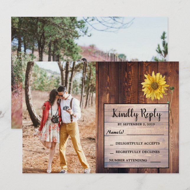 Rustic wood sunflower photo country Wedding RSVP Invitation (Front/Back)