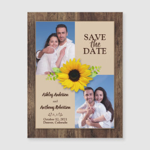 Rustic Wood Sunflower Photo Save the Date Magnet