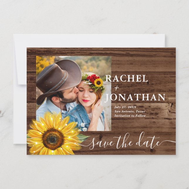 Rustic Wood Sunflower Photo Wedding Save The Date (Front)