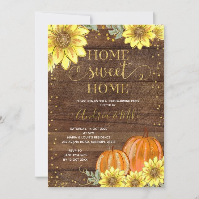 Rustic Wood Sunflower Pumpkin Housewarming Party Invitation (Front)