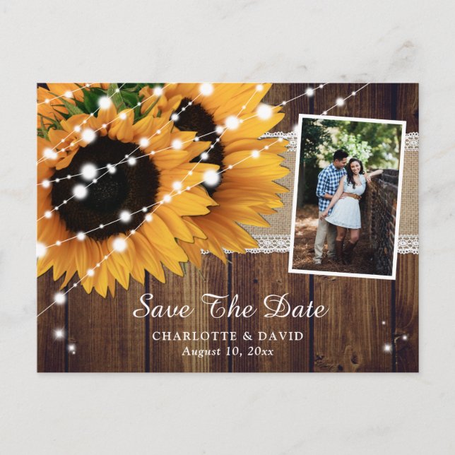 Rustic Wood Sunflower Save The Date Photo Announcement Postcard (Front)