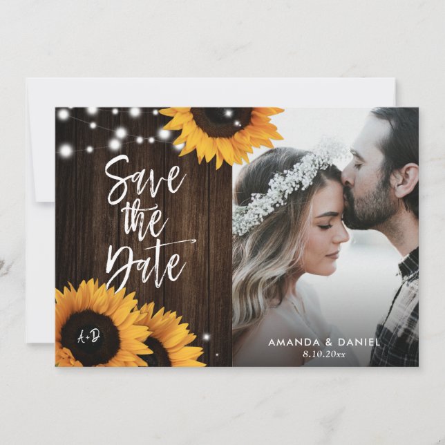 Rustic Wood Sunflower Save The Date Photo Cards (Front)