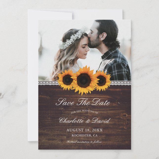 Rustic Wood & Sunflower Save The Date Photo Cards (Front)