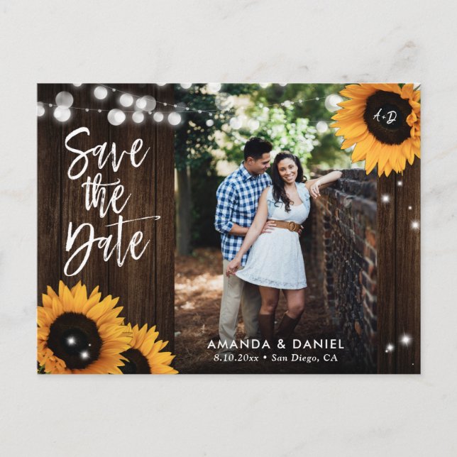 Rustic Wood Sunflower Save The Date Postcard (Front)