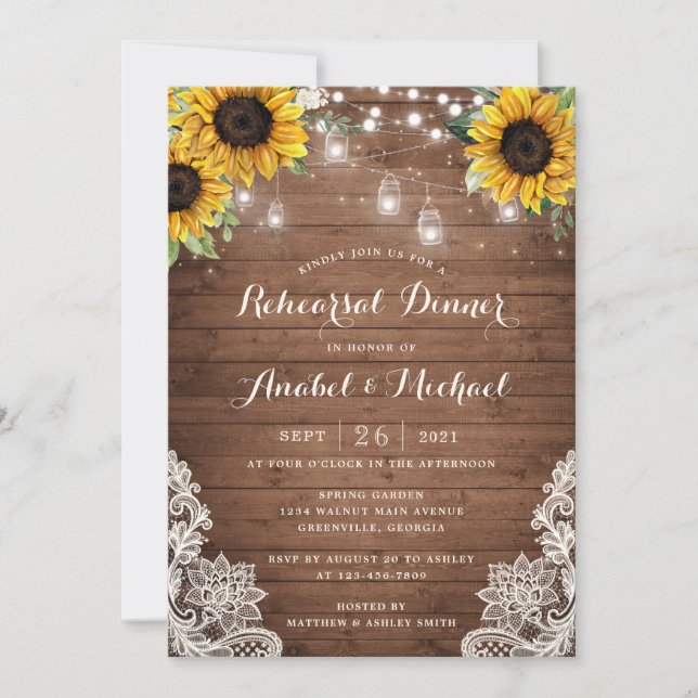 Rustic Wood Sunflower String Light Lace Mason Jars Invitation (Front)