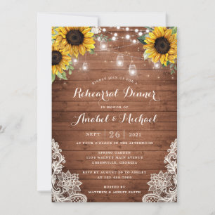 Rustic Wood Sunflower String Light Lace Mason Jars Invitation