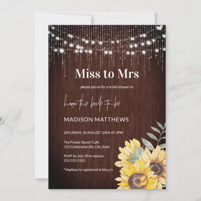 Rustic Wood Sunflower String Lights Bridal Shower Invitation (Front)