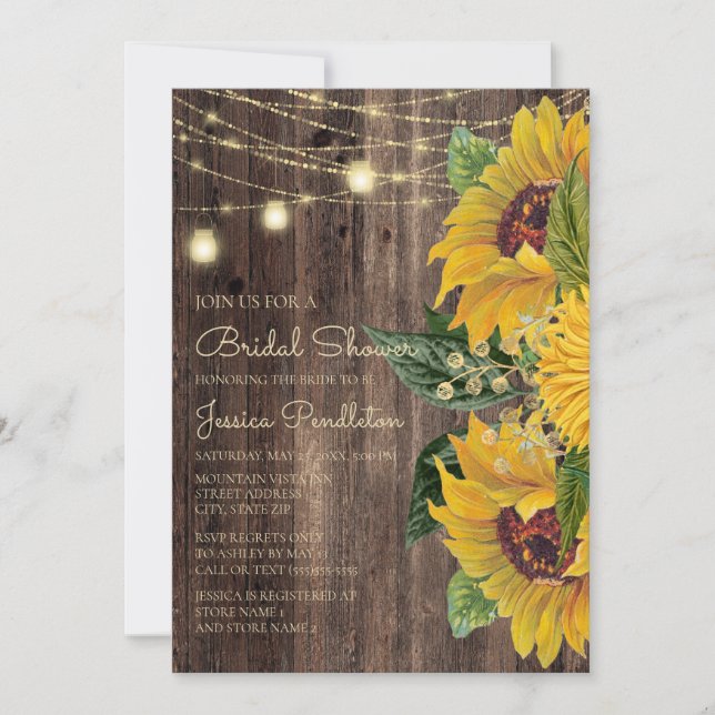 Rustic Wood Sunflower String Lights Bridal Shower Invitation (Front)
