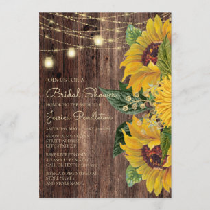 Rustic Wood Sunflower String Lights Bridal Shower Invitation