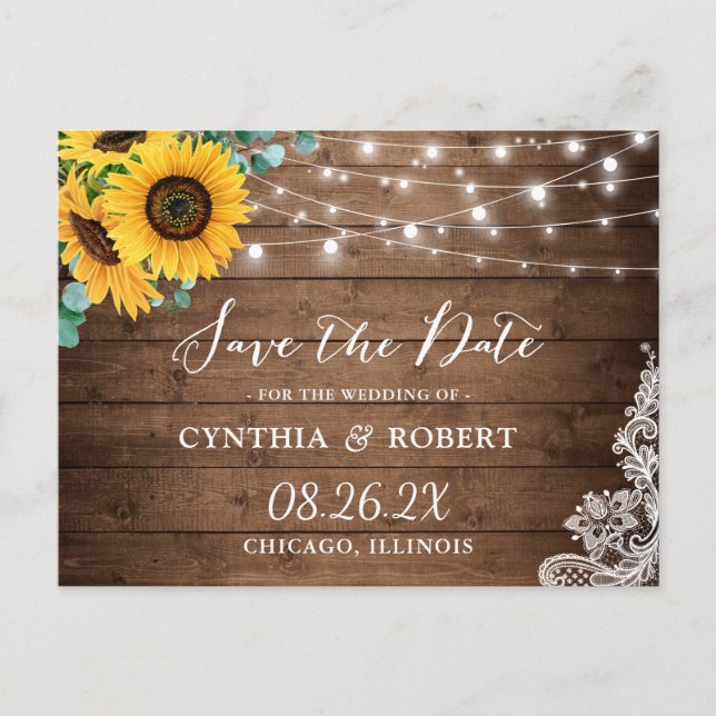 Rustic Wood Sunflower String Lights Save the Date Postcard (Front)