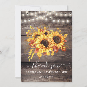 Rustic Wood Sunflower String Lights Wedding Thank  You Card
