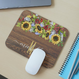 Rustic Wood Sunflower Watercolor Personalized Mouse Pad