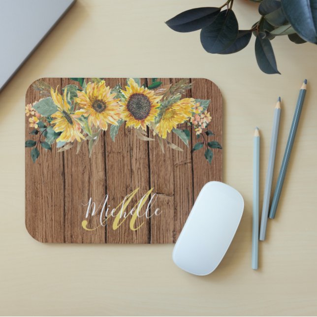 Rustic Wood Sunflower Watercolor Personalized Mouse Pad (Creator Uploaded)