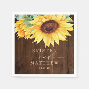 Rustic Wood Sunflower Watercolor Wedding Napkin