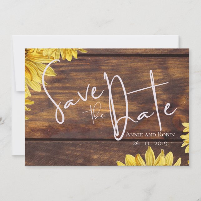 Rustic Wood Sunflower Wedding Save the Date Invitation (Front)