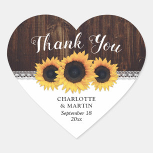 Rustic Wood Sunflower Wedding Thank You Heart Sticker