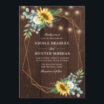 rustic wood Sunflower white peony wedding Invitation<br><div class="desc">A Sunflower Floral design with a geometric frame and a rustic wood background.
The sunflowers,  white peony,  blue flowers and green eucalyptus are perfect for your rustic,  country summer and fall wedding themes.
You can change the wording,  text size,  colour and font on this template.</div>