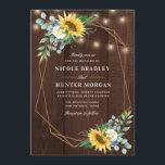 rustic wood Sunflower white peony wedding Invitation<br><div class="desc">A Sunflower Floral design with a geometric frame and a rustic wood background.
The sunflowers,  white peony,  blue flowers and green eucalyptus are perfect for your rustic,  country summer and fall wedding themes.
You can change the wording,  text size,  colour and font on this template.</div>