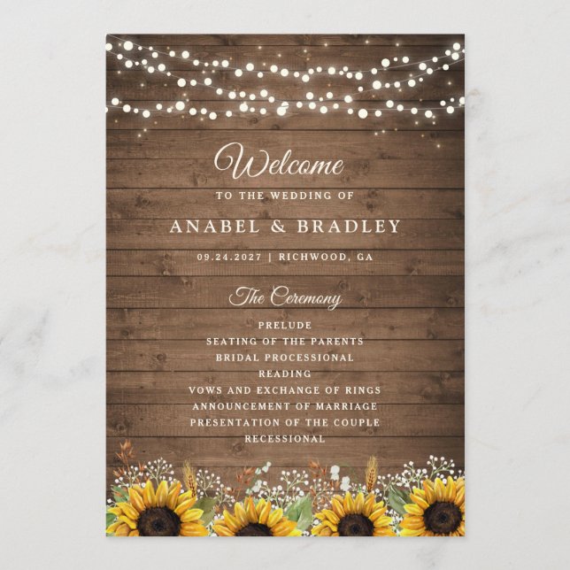 Rustic Wood Sunflowers Baby's Breath Wedding Program (Front)