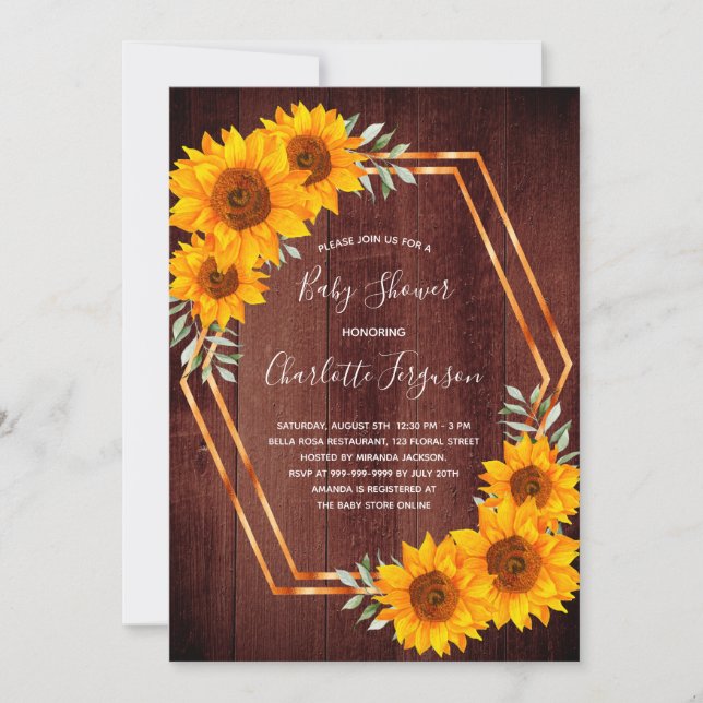 Rustic wood sunflowers brown Baby Shower Invitation (Front)