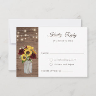 Rustic Wood Sunflowers Burgundy Mason Jar RSVP Invitation