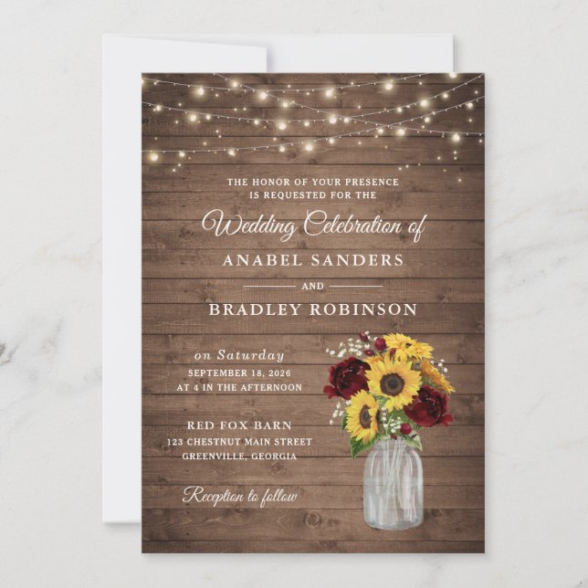 Rustic Wood Sunflowers Burgundy Mason Jar Wedding Invitation (Front)