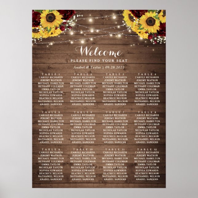 Rustic Wood Sunflowers Burgundy Seating Chart (Front)