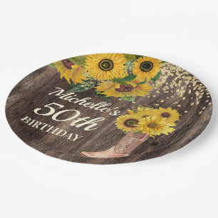 Rustic Wood Sunflowers Cowboy Boots 50th Birthday Paper Plate