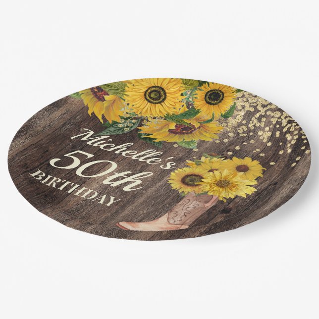 Rustic Wood Sunflowers Cowboy Boots 50th Birthday Paper Plate (Angled)