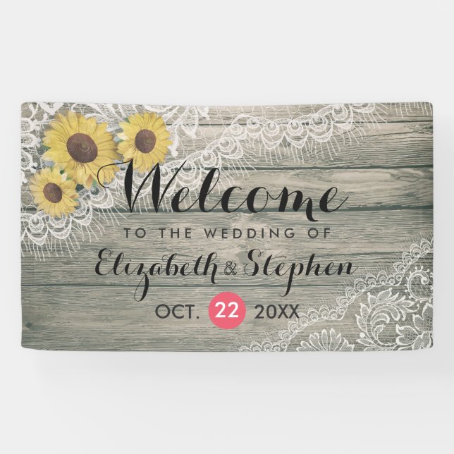 Rustic Wood Sunflowers Elegant Lace Wedding Banner (Horizontal)
