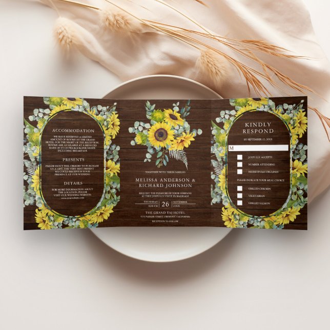 Rustic Wood Sunflowers Eucalyptus 3 in 1 Wedding Tri-Fold Invitation (Creator Uploaded)