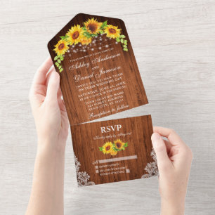 Rustic Wood Sunflowers Lace Lights Wedding All In One Invitation