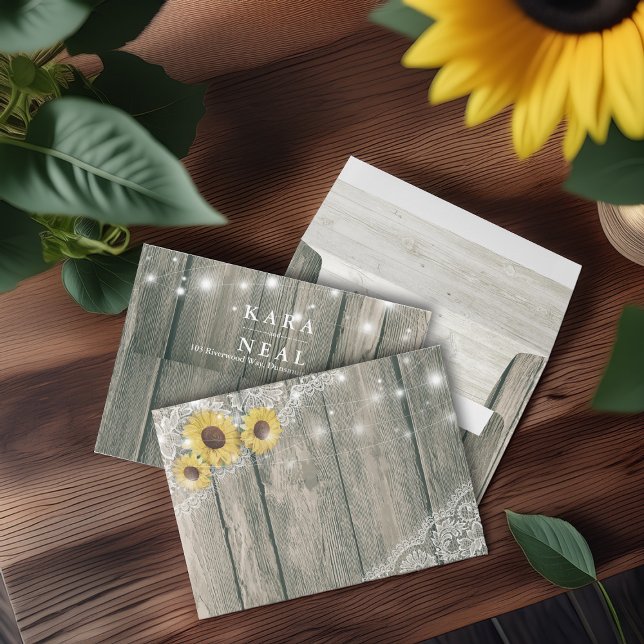 Rustic Wood Sunflowers Lace String Lights Wedding Envelope (Creator Uploaded)