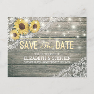Rustic Wood Sunflowers Lace Wedding Save The Date Announcement Postcard