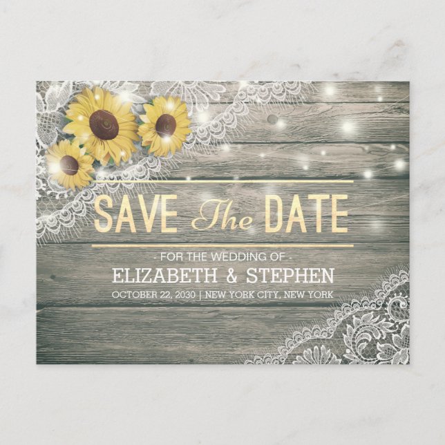 Rustic Wood Sunflowers Lace Wedding Save The Date Announcement Postcard (Front)
