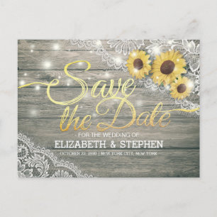 Rustic Wood Sunflowers Lace Wedding Save The Date Announcement Postcard