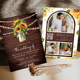 Rustic Wood Sunflowers Mason Jar QR Code Wedding Invitation