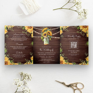 Rustic Wood Sunflowers Mason Jar QR Code Wedding Tri-Fold Invitation