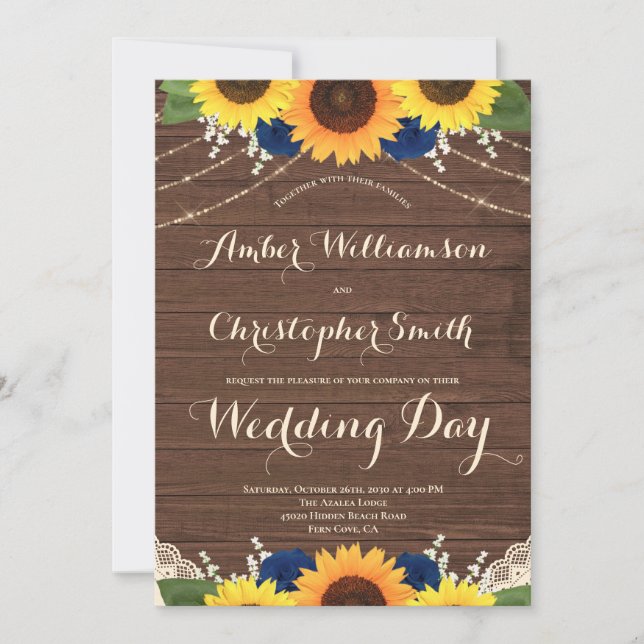 Rustic Wood Sunflowers Navy Blue Roses Wedding Invitation (Front)
