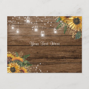 Rustic wood, sunflowers, string lights & greenery postcard