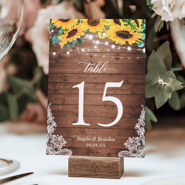 Rustic Wood Sunflowers String Lights Lace Wedding Table Number (Creator Uploaded)