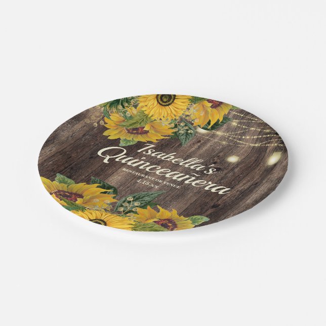 Rustic Wood Sunflowers String Lights Quinceañera Paper Plate (Angled)