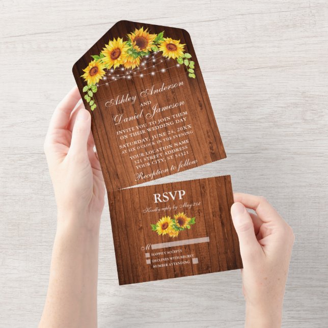 Rustic Wood Sunflowers String Lights Wedding All In One Invitation (Tearaway)