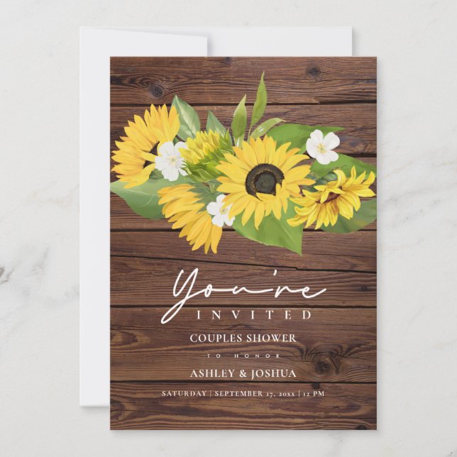 Rustic Wood Sunflowers Wedding Couples Shower Invitation (Front)