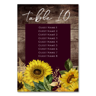 Rustic Wood Sunflowers Wedding Table Number List