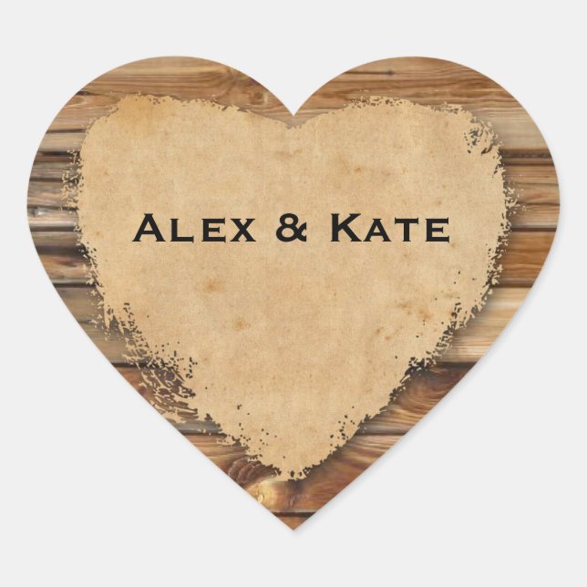 Rustic Wood Tattered Heart Wedding Favour Seals (Front)