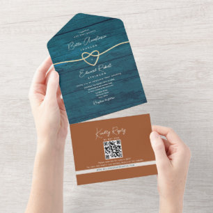 Rustic Wood Teal and Terracotta Wedding  All In One Invitation