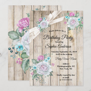 Rustic Wood Teal Blue Floral Pink Birthday Party Invitation